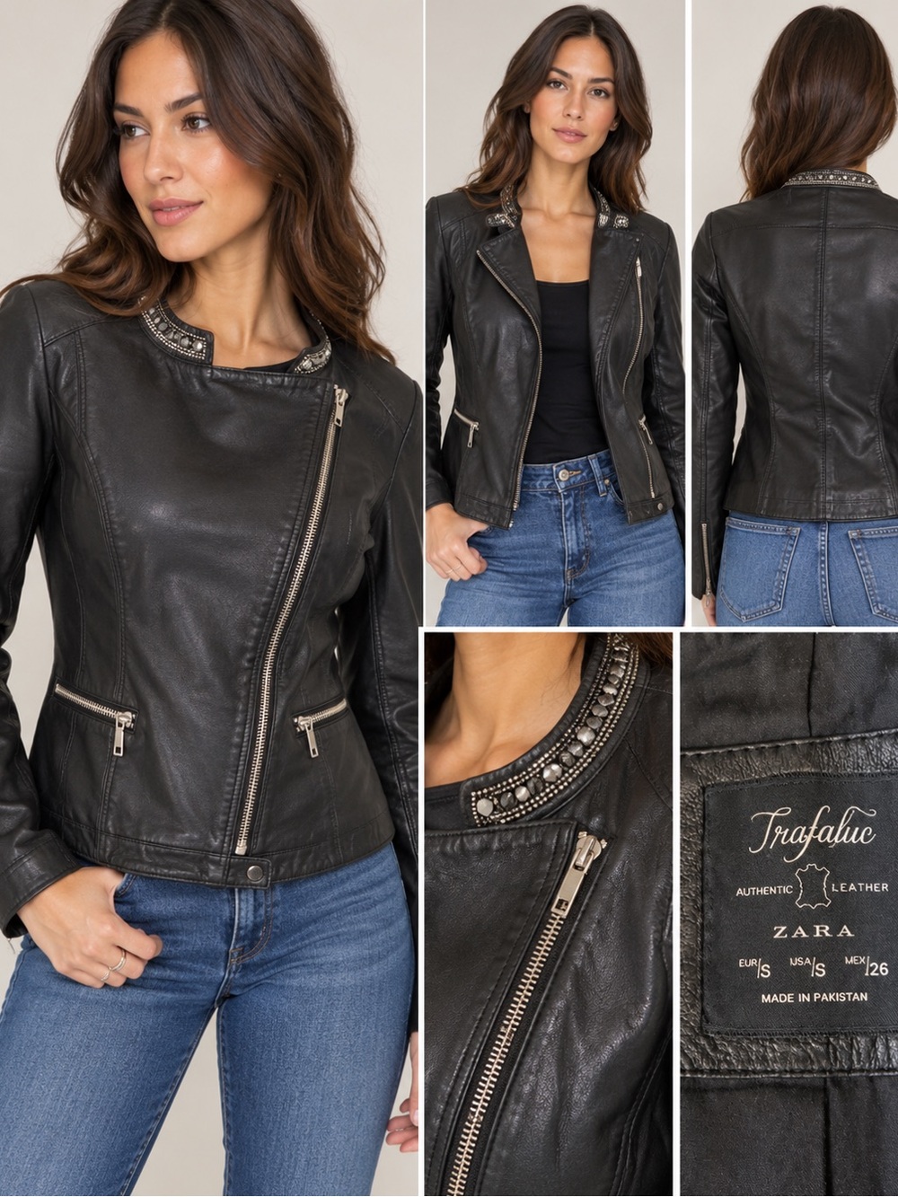 ZARA Trafaluc Genuine Sheep Leather Embellished Moto Jacket Black S